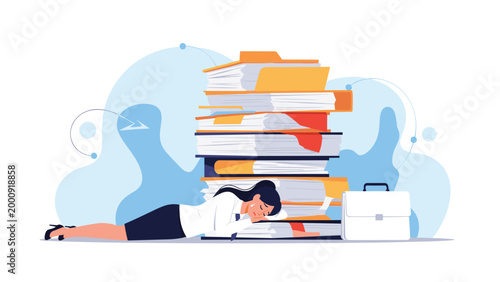 Overwhelmed businesswoman lying flat on the floor under a massive stack of paperwork representing work exhaustion, stress, and career burnout.