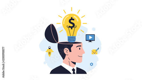 Innovative man with his head open revealing a glowing lightbulb and dollar sign representing the power of profitable ideas and financial vision.