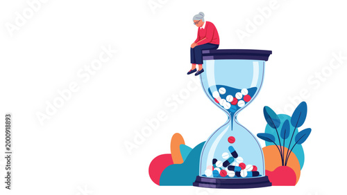 Concerned elderly woman sitting on top of a giant hourglass filled with medical pills representing aging, medication management, and health.