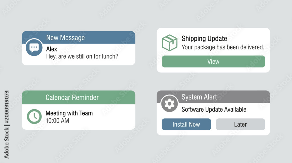 Obraz premium Diverse Digital UI Notification Boxes Displaying Messages, Alerts, Calendar Reminders, and Delivery Updates