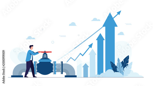 Industrial worker opening a valve on a large pipe triggering a sequence of rising bar charts representing growth and resource management.