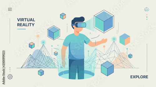 Immersive virtual reality experience with a user interacting in a digital landscape, exploring futuristic technology and data visualization