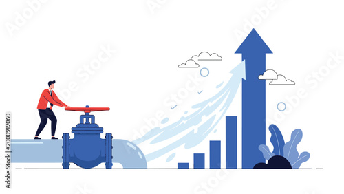 Industrial professional operating a valve that releases a stream of water towards a rising bar chart symbolizing growth and efficiency.