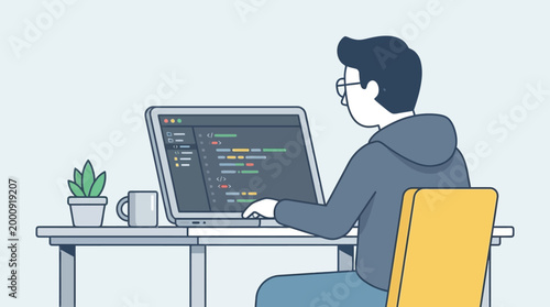 Focused programmer creating code on a laptop, depicting software development and technological work at a modern desk