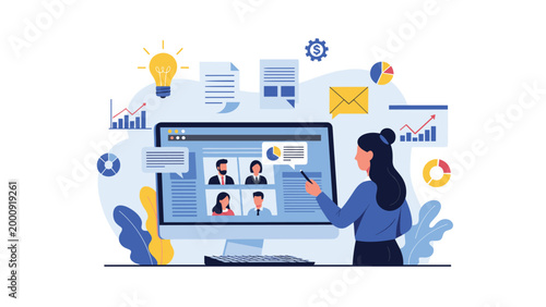 Businesswoman monitoring a video conference with multiple participants on a large computer screen surrounded by various digital office icons.