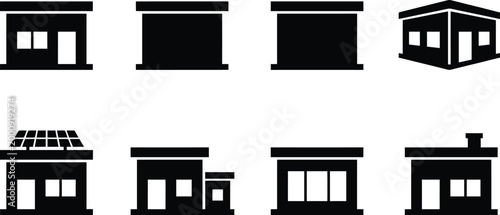 Eine Sammlung von acht schwarzen Silhouetten-Icons verschiedener Gebäude und Häuser, darunter solche mit Solarpaneelen, Schornstein und unterschiedlichen Fensteranordnungen.