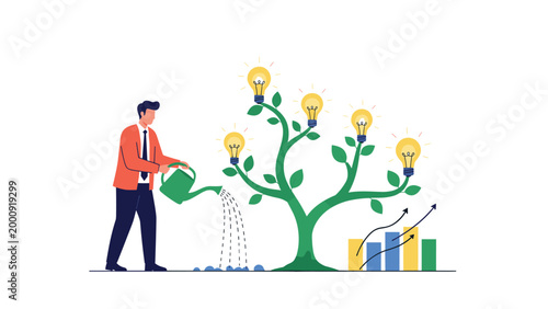 Professional man watering a tree that grows glowing lightbulbs instead of fruit symbolizing the nurturing of creative ideas and innovation.