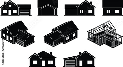 Verschiedene schwarze Silhouetten von Häusern und Hausstrukturen, einschließlich Bauplänen und fertigen Gebäuden.