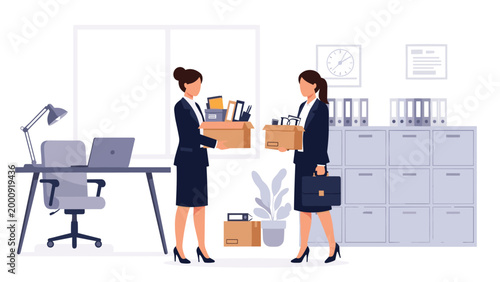Two businesswomen carrying cardboard boxes while moving out of an office space representing job loss, resignation, or business relocation.