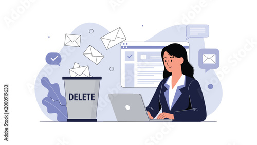 Busy office worker managing inbox by deleting junk emails and spam on laptop to improve digital productivity and organization.