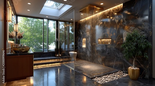 Luxury indoor pool area with natural light and stone accents