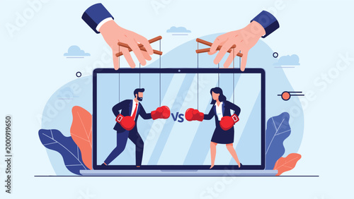Corporate competition concept showing giant hands controlling business people as puppets in a boxing match on laptop screen.