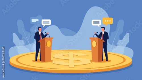 Two political candidates engaged in a formal debate on top of a giant gold coin representing economic policy and funding.