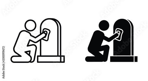 Vector icon of a person kneeling and cleaning a tombstone or gravestone, representing memorial maintenance and cemetery care