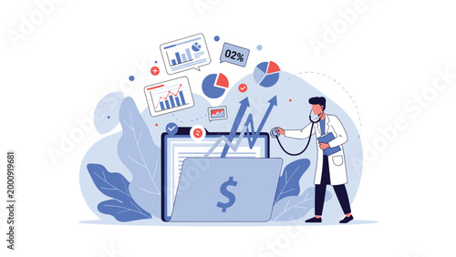 Healthcare professional using a stethoscope to examine financial folders and data charts symbolizing medical cost analysis.