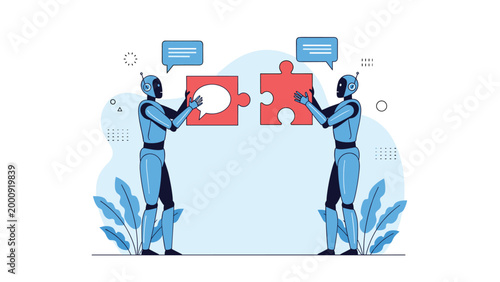 Two advanced humanoid robots collaborating to solve a puzzle illustrating machine learning and cooperative artificial intelligence.