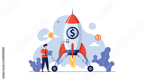 Innovative entrepreneur using laptop to launch a rocket ship powered by money symbolizing startup investment and growth.