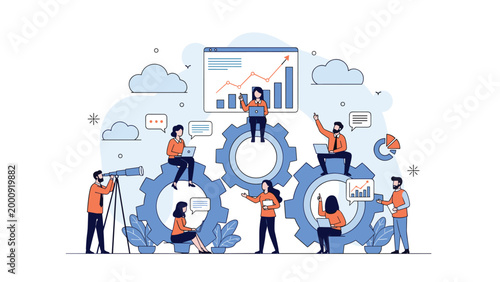 Large team of professional workers collaborating inside giant mechanical gears to maintain efficient business operations.