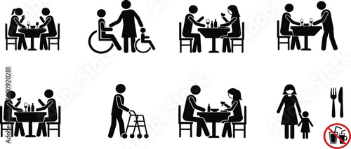 Diverse group dining and service pictograms accessibility and hospitality
