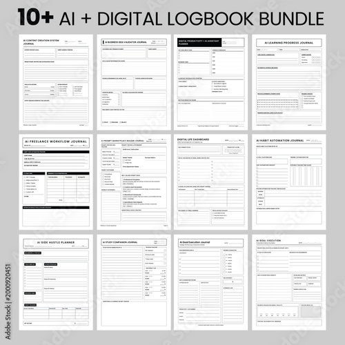 AI and Digital Logbook Bundle Vector Illustration Printable Set of 10 Plus Tracker Sheets for Prompts Results and Performance