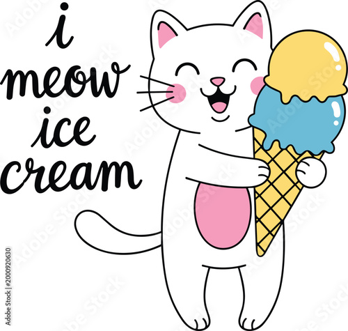 "Cute cartoon white cat holding ice cream cone with playful i meow ice cream pun text illustration"