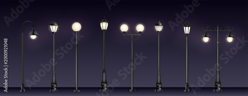 Lantern 3D. Old pillar spotlight exterior. Vintage lamp. Streetlight city. Realistic night architectural street. Retro urban illumination. Vector classic decor cartoon flat isolated illustration set