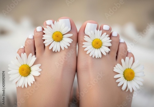 Beautiful Female Feet with White Manicure and Daisy Flowers; Concept for Luxury Spa Treatment, Pedicure Care, Natural Wellness Therapy, and Summer Beauty Salon Relaxation.