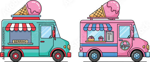 Colorful ice cream trucks with striped awnings and cones, playful street vendor vector illustration for commercial use