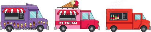 Colorful ice cream food trucks with striped awnings vector illustration representing street vendor branding summer dessert snack fun freshness