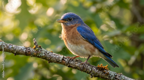 Eastern bluebird perched on a branch in a lush green environment
