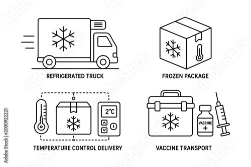 Cold chain logistics icons including truck, package, delivery, and vaccine transport