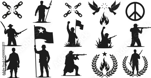 set of black silhouettes of soldiers and war symbols on white background