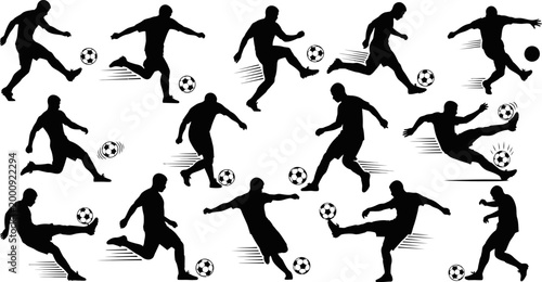 black silhouettes of soccer players kicking balls in various poses on white background