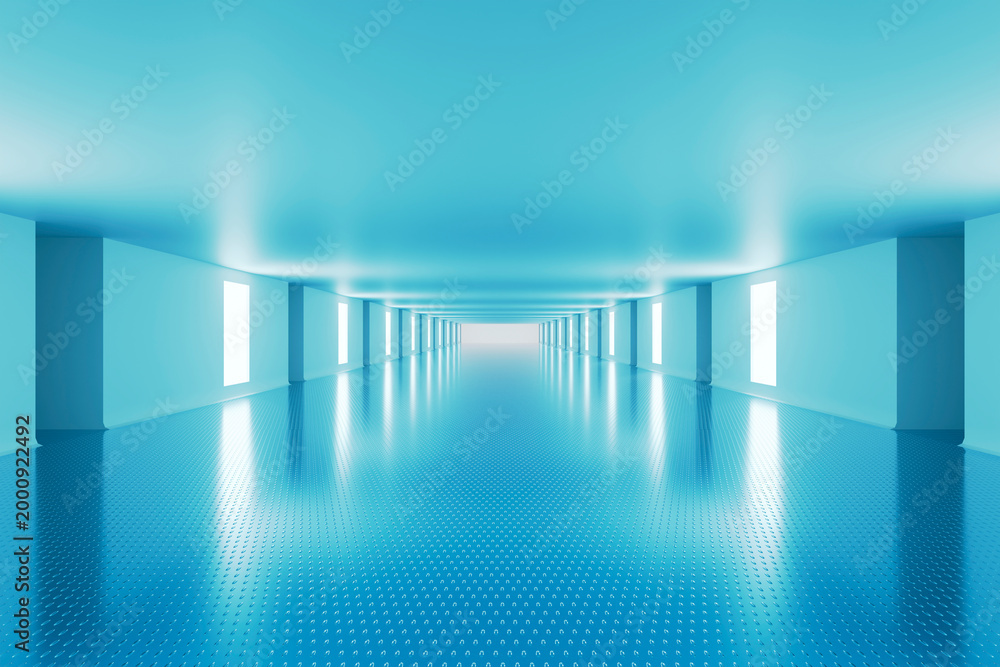 Fototapeta premium Futuristic blue corridor with glowing wall light panels view