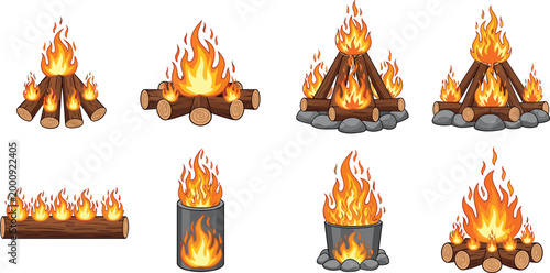 Campfire and Bonfire Icon Set with Burning Logs, Fire Pit, and Barrel Flame Illustrations for Camping, Outdoor Survival, Heat Energy, and Nature Design