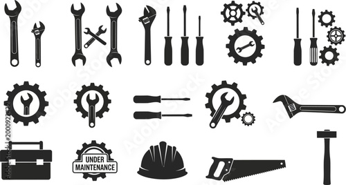 black silhouettes of various tools and equipment for construction and industry on white background