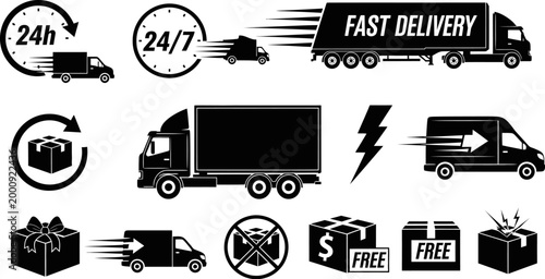 Collection of delivery icons including trucks and packages with fast delivery and free shipping labels
