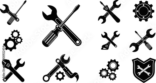 black and white icons of tools and gears for repair and maintenance services