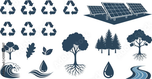 Eco friendly icons set with recycling symbols trees water and solar panels for green energy concepts  ecofriendly