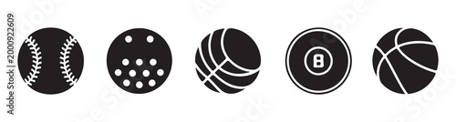 Collection of sport balls and billiard 8 ball.