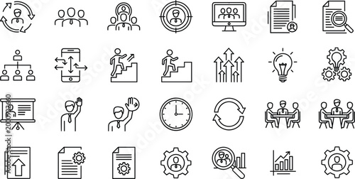 Business strategy and corporate workflow line icon set with teamwork analytics leadership growth planning and office management symbols in outline vector style