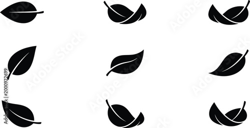 Eine Sammlung von neun schwarzen Blattsilhouetten, die verschiedene Formen und Ausrichtungen auf einem weißen Hintergrund zeigen, ideal für minimalistisches Design.