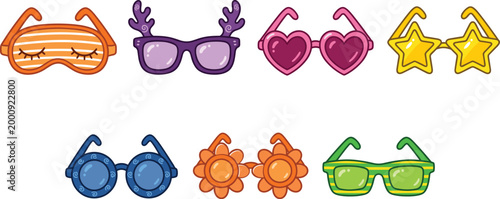 Canvas Print Colorful cute flat vector illustration collection of novelty sunglasses featuring heart, star, flower, reindeer antlers, and sleeping mask eyewear designs
