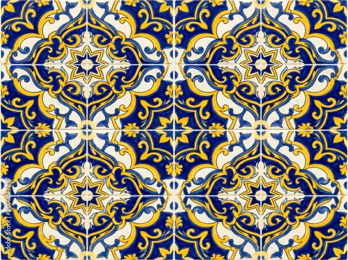 Traditional Blue and Yellow Mediterranean Floral Ceramic Tile Pattern