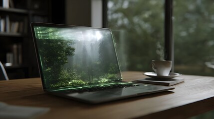 An open laptop displays an immersive foggy forest landscape on a wooden desk symbolizing the intersection of technology and nature