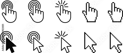 Obraz na płótnie Detailed black and white flat vector illustration collection of computer mouse cursors and hand pointer icons in pixel and smooth styles