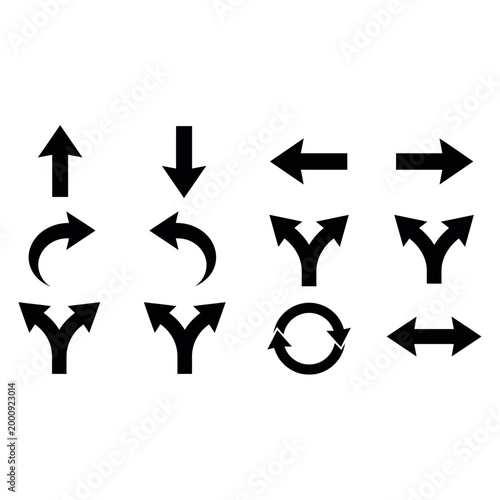 Minimalist arrow icons set, different directions (up, down, left, right, split arrows, curved arrows), solid black silhouettes, clean vector style, isolated on transparent background