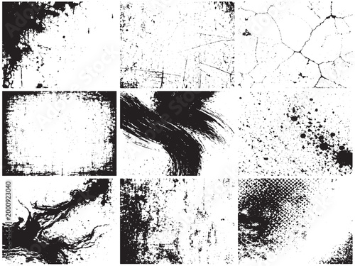 Grunge texture set black ink splashes brush strokes cracked wall abstract pack