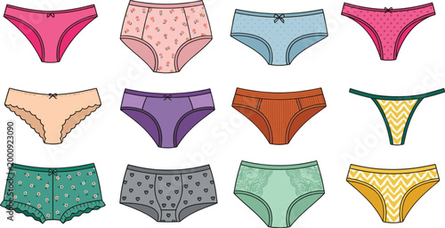 Women panties and underwear collection, various feminine lingerie styles and colorful briefs, cad drawing flat vector illustration