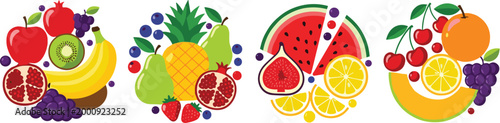 Colorful fresh fruit collection with tropical and citrus elements including watermelon pineapple orange berries and healthy food illustrations